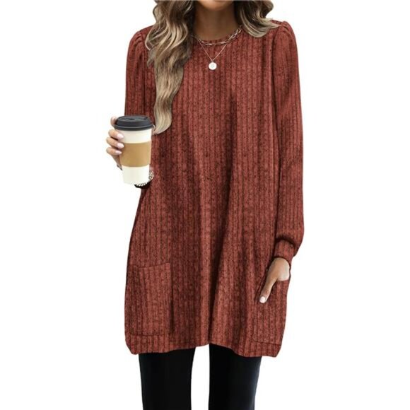Cozy Longline Tunic Sweater with Pockets – Loose Fit Striped Long Sleeve Top - Picture 1 of 5